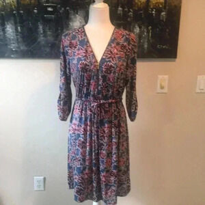 NWT Robert Louis Blue Floral Adjustable Sleeve Zip V-Neck Flare Midi Dress M